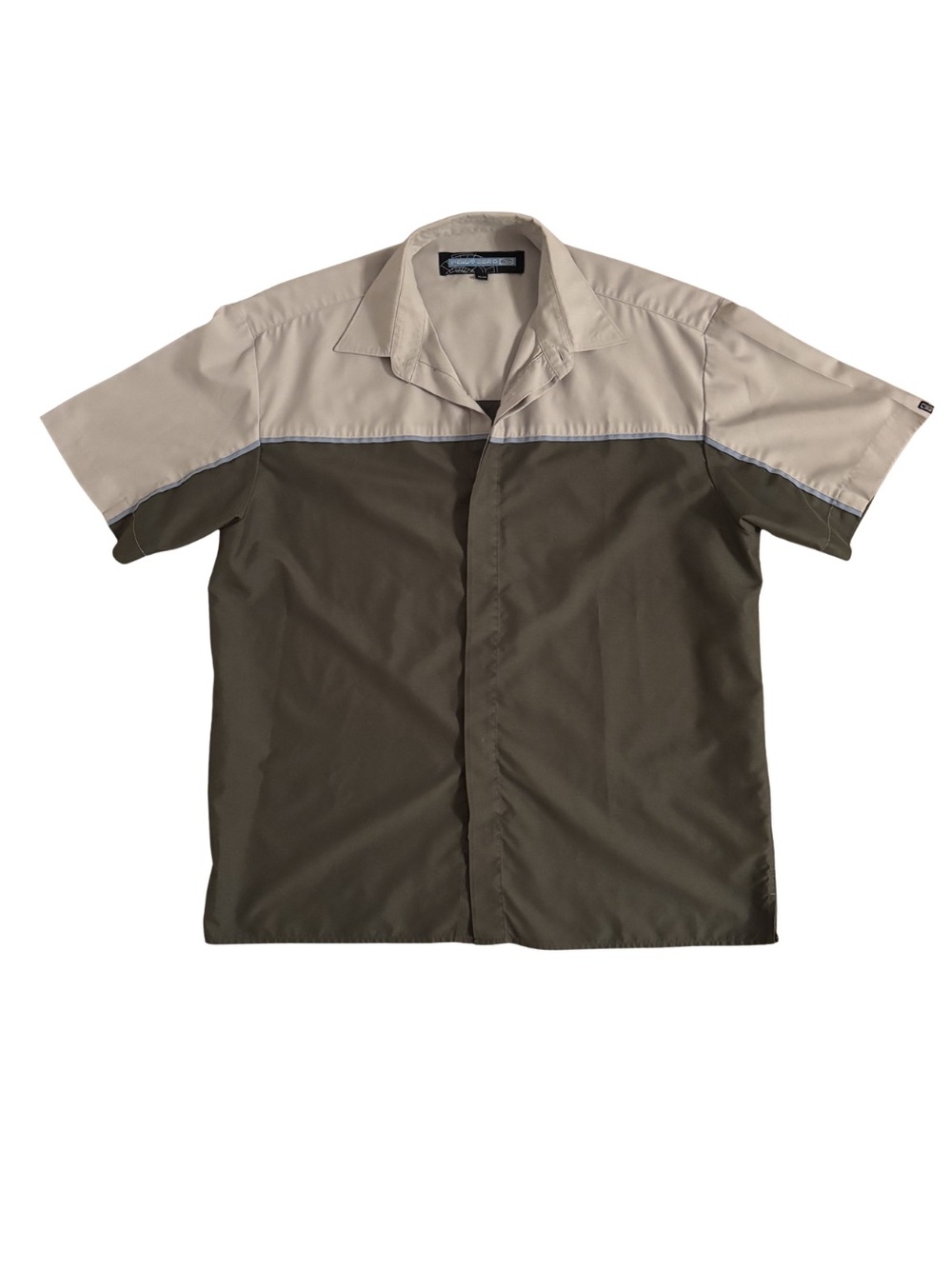 Point Zero Y2K Two-Tone Short Sleeve Work Shirt in Beige and Olive
